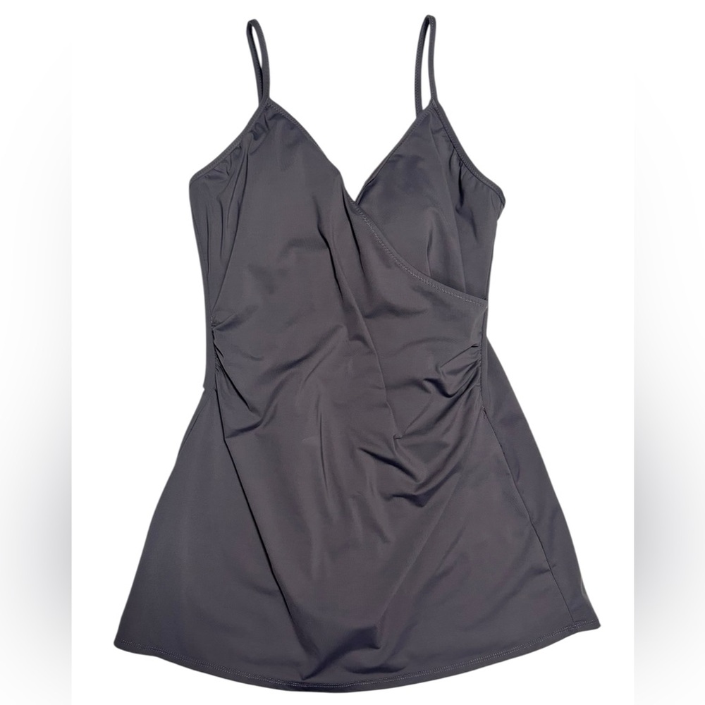 Garnet Hill Signature Surplice Wrap Front Grey Swim Dress One Piece Swimsuit